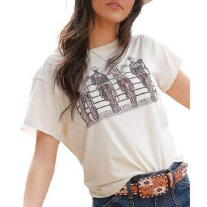 Cruel Denim Women's XL Short Sleeve Crop Cowboy Fence Graphic T-Shirt Cream